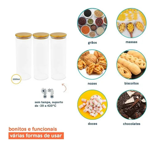 Kit 3 Potes De Vidro P/ Mantimentos 2l C/ Tampa Bambu Oikos Cor Marrom-claro