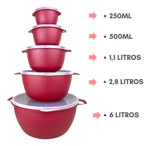 Kit 5 Vasilhas Bowl Plástica Pote Alimento Tampa Saladeira
