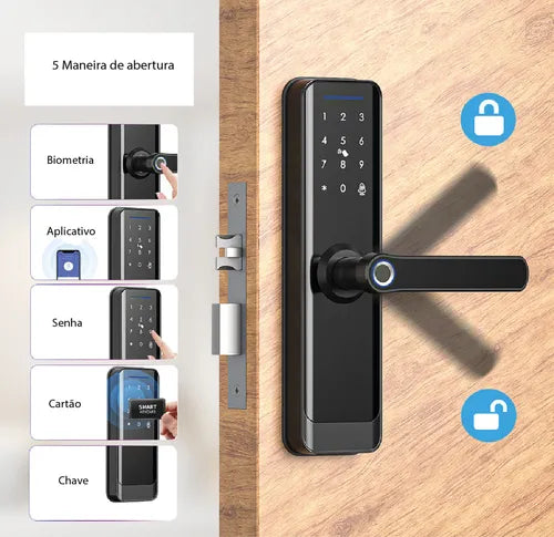 Fechadura Inteligente Wifi Biométrica Eletrônica Digital Touch NovaDigital SL06 Tuya Smart Life Preto Prata