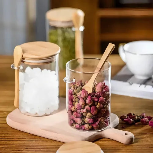 Pote Hermético Vidro Com Tampa E Colher Bambu 760 Ml cor marron