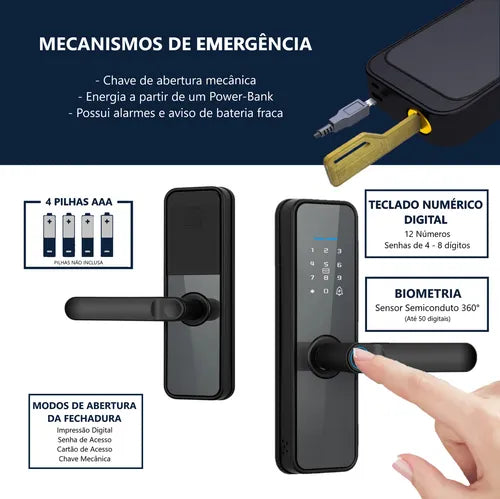 Fechadura Digital Inteligente Cartão Senha Biometria Wifi Cor Preto Rezzet Luatek LFE-03