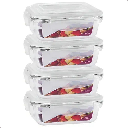Kit 4 Potes De Vidro Hermético 370ml Tampa Com Trava Fitness Cor Branco