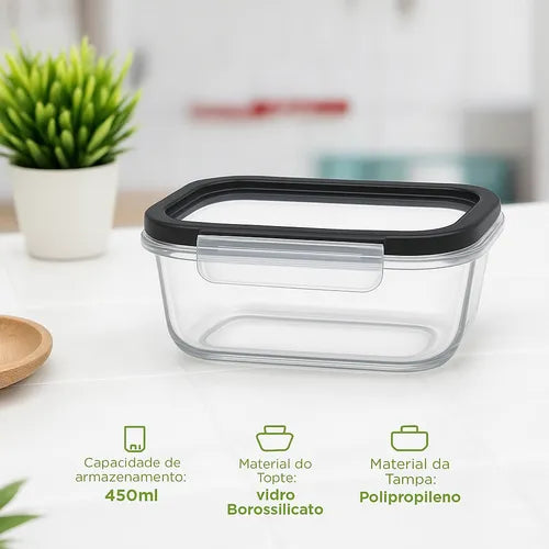 Pote Vidro Hermético Retangular Tampa Kit 10 Peças 450ml