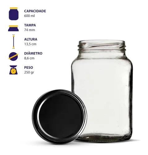 15 Potes Conserva 600ml De Vidro Com Tampa Metálica E Lacres Cor Preto