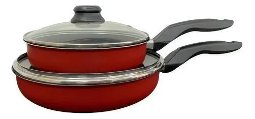 Kit Frigideira Antiaderente Magnífica Com Tampa De Vidro Cor Vermelho Com Preto