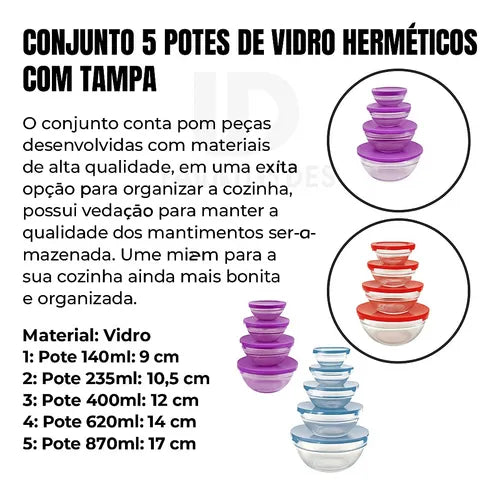 Kit Conjunto 5 Potes De Vidro Herméticos Com Tampa Sortidos