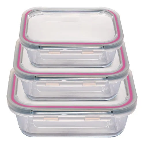 Kit 3x Potes De Vidros Herméticos Com Tampa Retangular Cor Natural