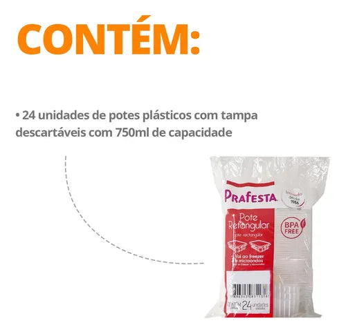 Pote Descartável 750ml Freezer Microondas Marmita - com 24 Un. Cor Transparente
