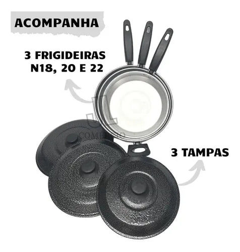 Jogo De Frigideiras Com Tampa Conjunto 3 Peças Tam 18 20 22 Cor Preto