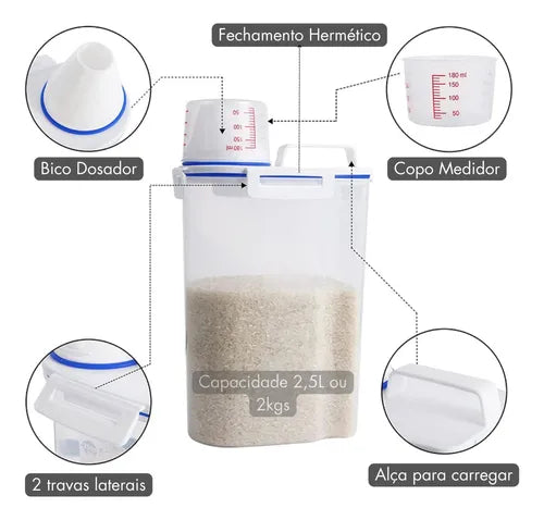 Dispenser De Ração Milho Feijão Arroz Sementes 2 Litros Cor Pote Hermetico Com Copo Medidor Multiuso Importe Cor Transparente