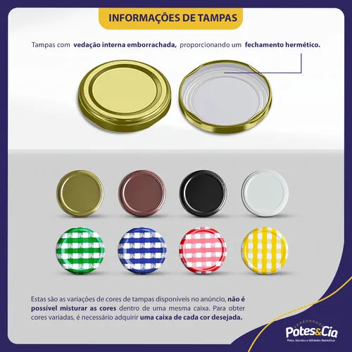 24 Potes De Vidro 200ml Com Tampas Metálicas E Lacres Cor Dourado