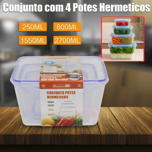 Kit 4 Potes Herméticos Tapoer Com Trava E Vedação Geladeira Cor Azul