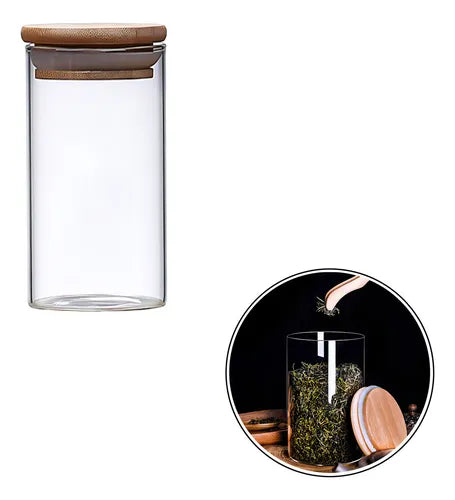 Kit 10 Potes De Vidro Herméticos Com Tampa De Bambu Condimentos Alimentos Mantimentos Organizador 600ml