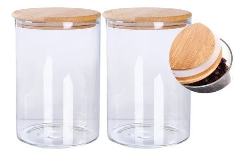Jogo 2 Potes Vidro Hermético 1100ml Tampa Bambu