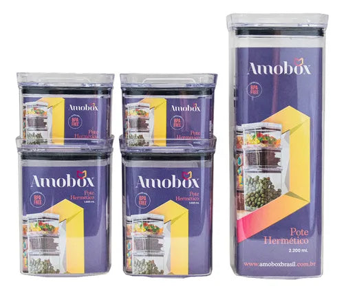 Kit Potes Porta Mantimento Hermético Quadrado Cozinha 5 Unidades Acrílico Livre De Bpa