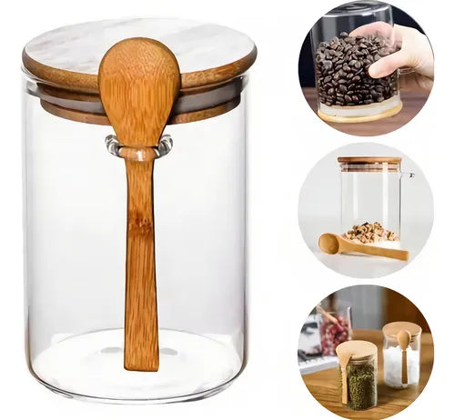 Pote Hermético Vidro Com Tampa E Colher Bambu 760 Ml cor marron