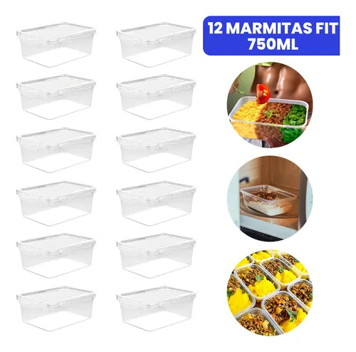 Kit 12 Potes Marmita Fit 750ml Tampa 4 Travas Bpa Free