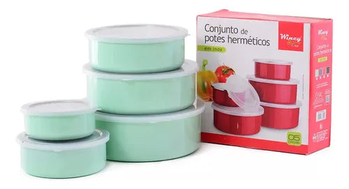 Conjunto 5 Potes Herméticos Inox Coloridos Verde Wincy