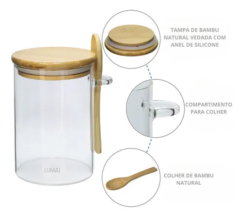 Conjunto Potes De Vidro Lumai 550ml Tampa Colher Com Bandeja Cor Transparente Organização Cozinha Porta Mantimentos Café Nescau Açucar Temperos