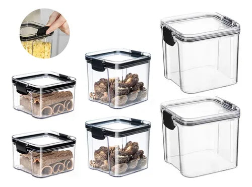 6 Potes Acrílico Herméticos Quadrados Tampa 500ml 800ml 1l