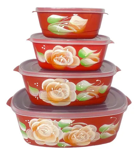 Kit Potes Decorado Hermético 4 Pçs Freezer Microondas Tampa Cor Vermelho Flor Laranja