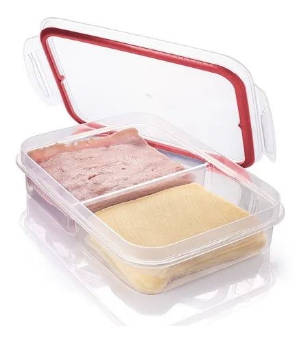 Pote Porta Frios 2 Divisórias Plasútil Empilhável Hermético Tampa Com Trava Trio e Vedação Presunto Queijo Mussarela Mortadela Vasilha Potinho Cozinha