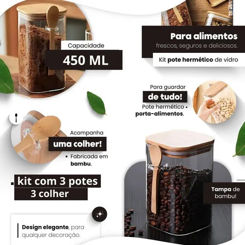 Kit 3 Potes De Vidro Tampa E Colher De Bambu Transparente
