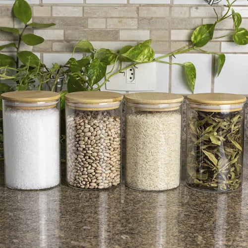 Kit 4 Potes Organizadores Vidro Tampa Bambu Hermética 500ml