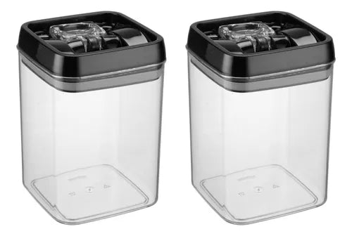2 Potes Mantimentos Acrílico Quadrado 1,7 L Tampa Preta