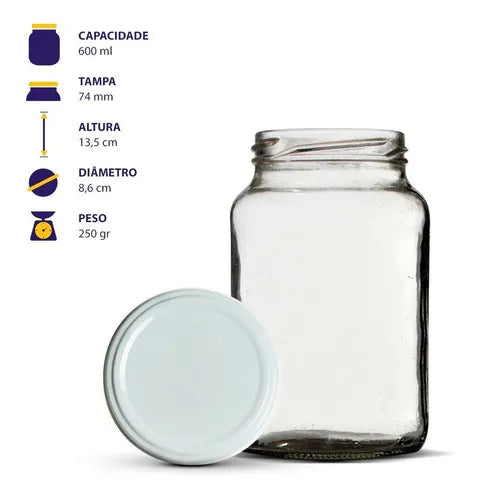 15 Potes Conserva 600ml De Vidro Com Tampa Metálica E Lacres Cor Branco