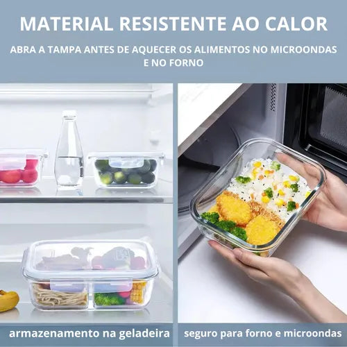 Yab - Kit 5 Potes De Vidro Marmita C/ Tampa Hermético 640ml Retangular 4 Travas Borossilicato Alimentos Micro-ondas Freezer Geladeira