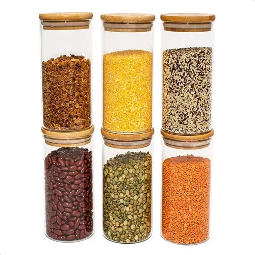 Kit 6 Potes De Vidro Com Tampa De Bambu Hermética Condimentos Mantimentos Temperos Cozinha Restaurantes 600ml