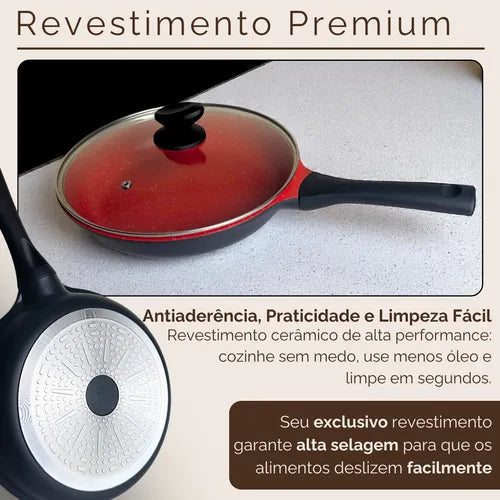Frigideira Antiaderente Cerâmica 28cm Com Tampa Compatível Com Fogão A Gás E Indução Aristus - Preto-vermelho