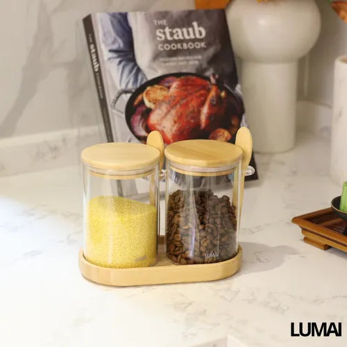 Kit 2 Potes Herméticos de Vidro 550ml com Tampa Bambu e Colher Para Café Açúcar Sal Arroz Temperos Porta Mantimentos Condimentos Alimentos Secos Organizadores Cozinha Casa com Bandeja