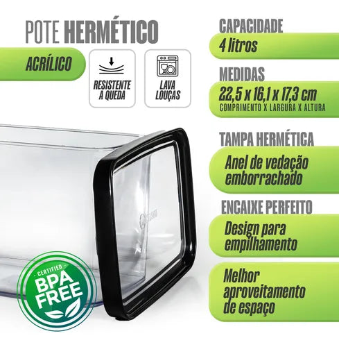 Pote Hermético 4L Acrílico Empilhavel Organizador BPA Free Transparente