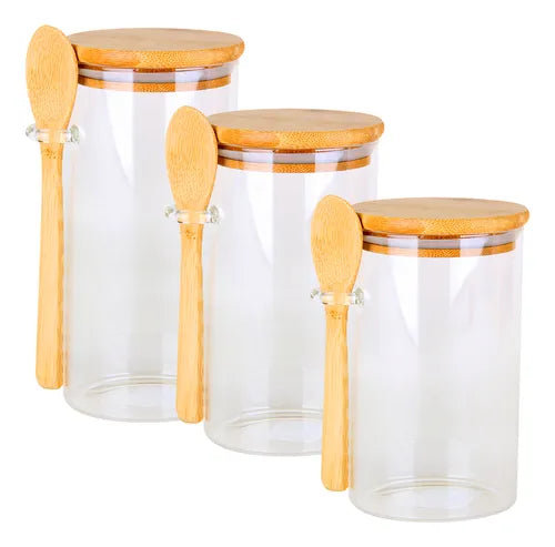 Kit 3 Potes Vidro Hermetico Tampa Colher Bambu Acucareiro