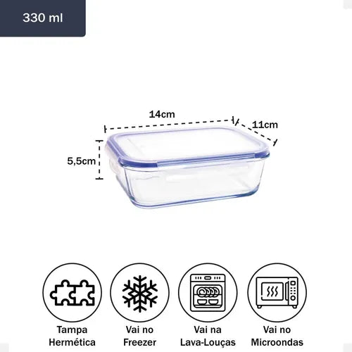 Kit Conjunto 5 Potes Hermético Geladeira Vidro Marmita Tampa Click com vedaçao silicone Cor Borracha Azul