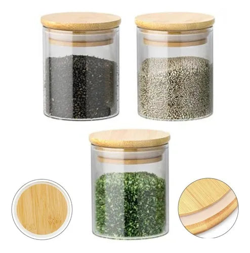 Kit 4 Pote De Vidro Hermético 550ml Bambu Mantimento Tempero