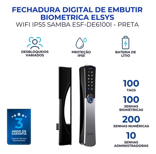 Fechadura Digital De Embutir Wi-fi Ip55 De6100i Samba Preto Cor Preta