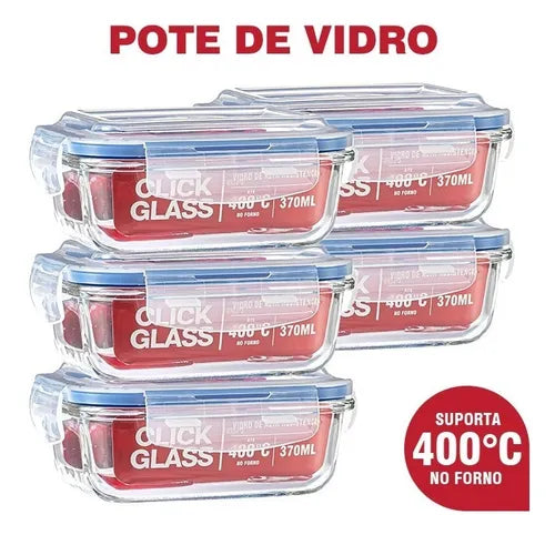 Kit Premium Click Glass 5 Potes De Vidro 100% Herméticos Cor Transparente