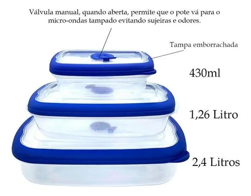 Kit De 3 Potes Herméticos Plástico Marmita Transparente