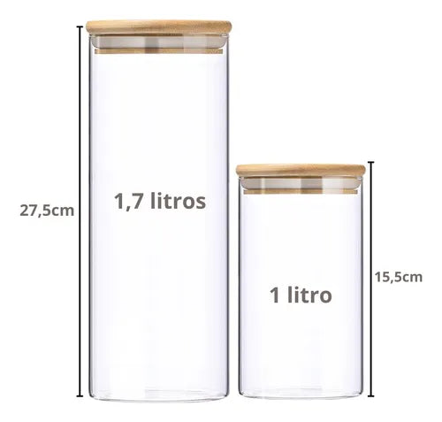 Kit 2 Potes De Vidro Hermetico Tampa De Bambu 1 E 1,7 Litros