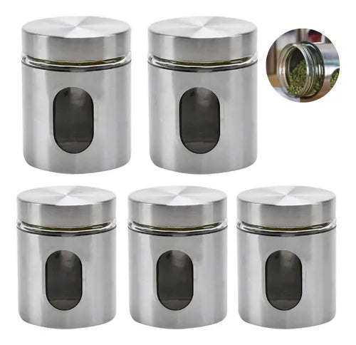 Kit 5 Potes Hermético Mantimentos Aço Inox Com Visor Vedação
