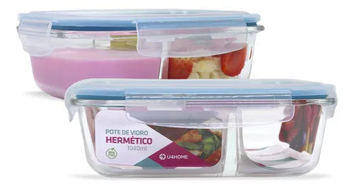 Kit 2 Potes Vidro Divisória Hermético Marmita 1040ml Azul
