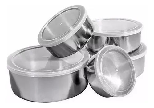 Jogo 5 Tigelas Pote Aço Inox Com Tampa Hermético Redondo