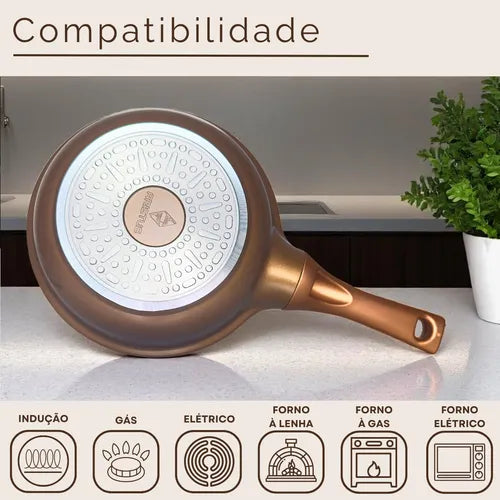 Frigideira Cerâmica Antiaderente Cooktop Indução/gás C/tampa Cor DOURADA-PRETO