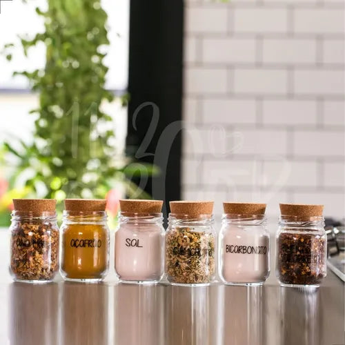 Kit 6 Potes De Tempero + Cartela De Temperos Com 47 Adesivos Cor Transparente