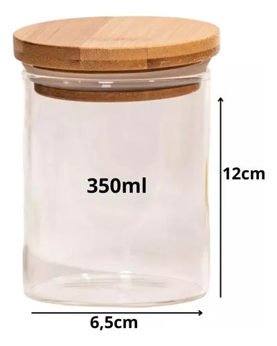 Kit 3 Potes De Vidro Hermético C/ Tampa De Bambu 350ml
