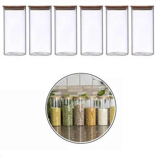 Kit 6 Potes De Vidro Com Tampa De Bambu Hermética Condimentos Mantimentos Temperos Cozinha Restaurantes 600ml