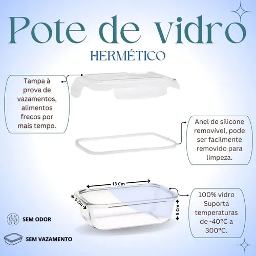 Kit 3 Pote Retangular Hermético 340ml 4 Travas Marmita Vidro